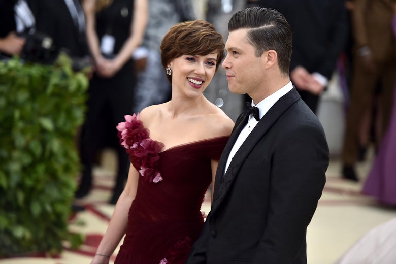 Scarlett Johansson and Colin Jost walk the red carpet at the Heavenly Bodies: Fashion & The Catholic Imagination Costume Institute Gala at The Metropolitan Museum of Art on May 7, 2018 in New York City.